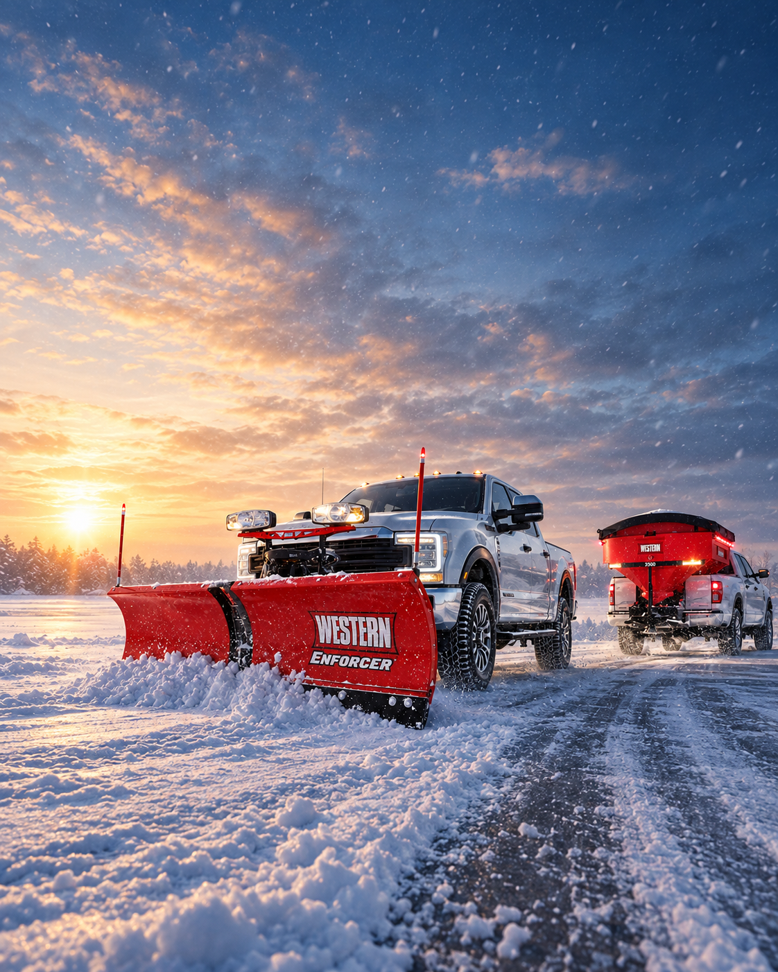 Snowplow trucks at winter sunrise